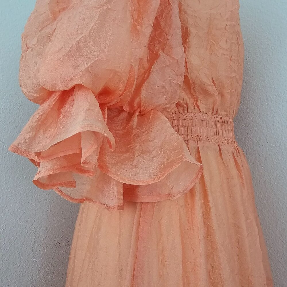 MOON RIVER Womens Sz S Puff Sleeve Tiered Back cutout Midi Dress Coral Cocktail - Picture 13 of 16